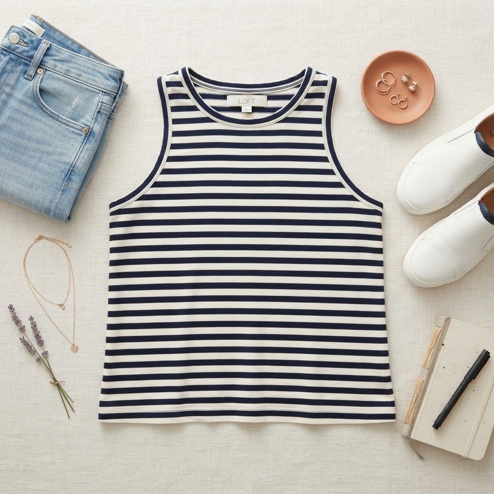 Loft Womens Navy Blue White Striped Sleeveless Tank Top Crew Neck Cotton XL